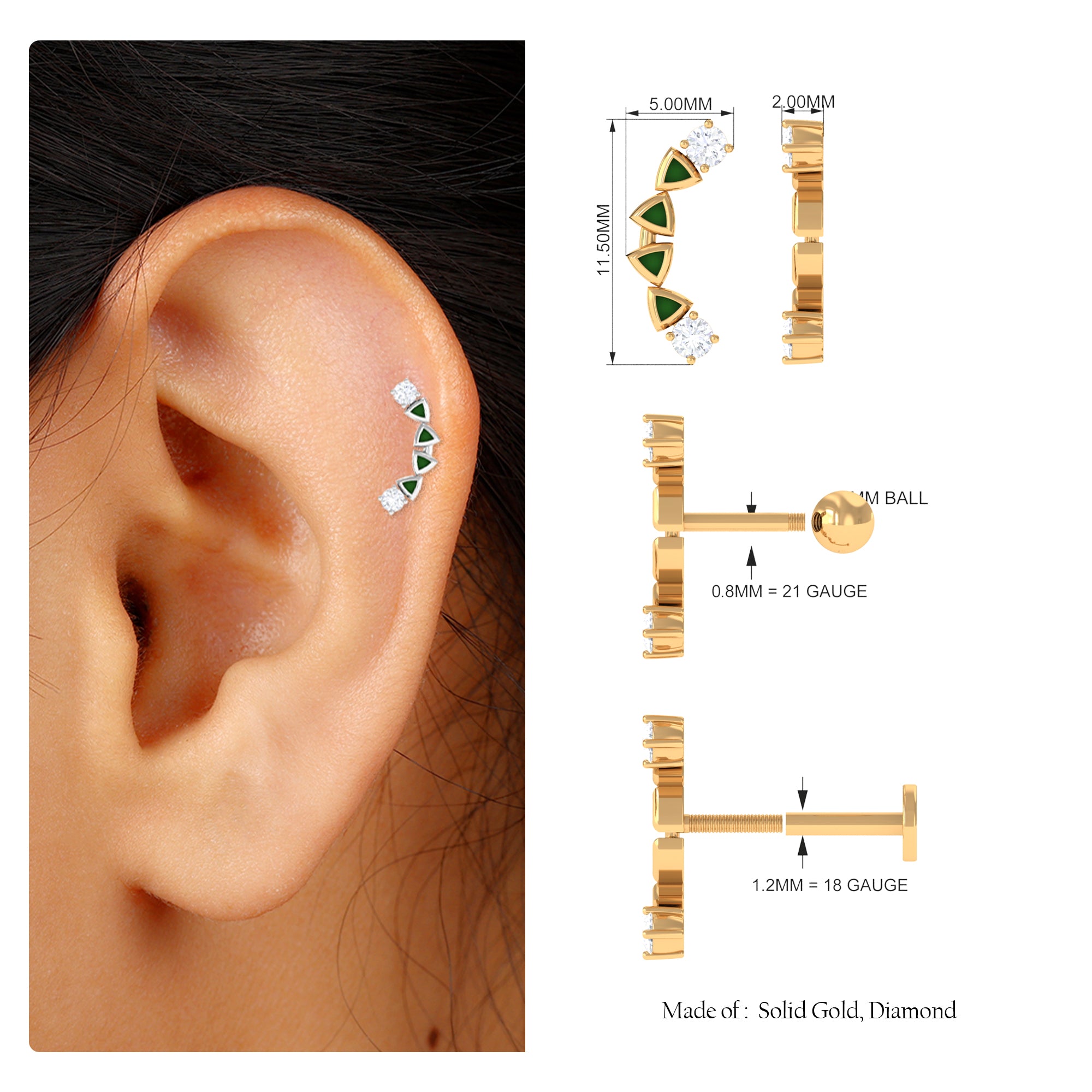 Round Cut Diamond Crawler Helix Earring with Green Enamel Diamond - ( HI-SI ) - Color and Clarity - Rosec Jewels