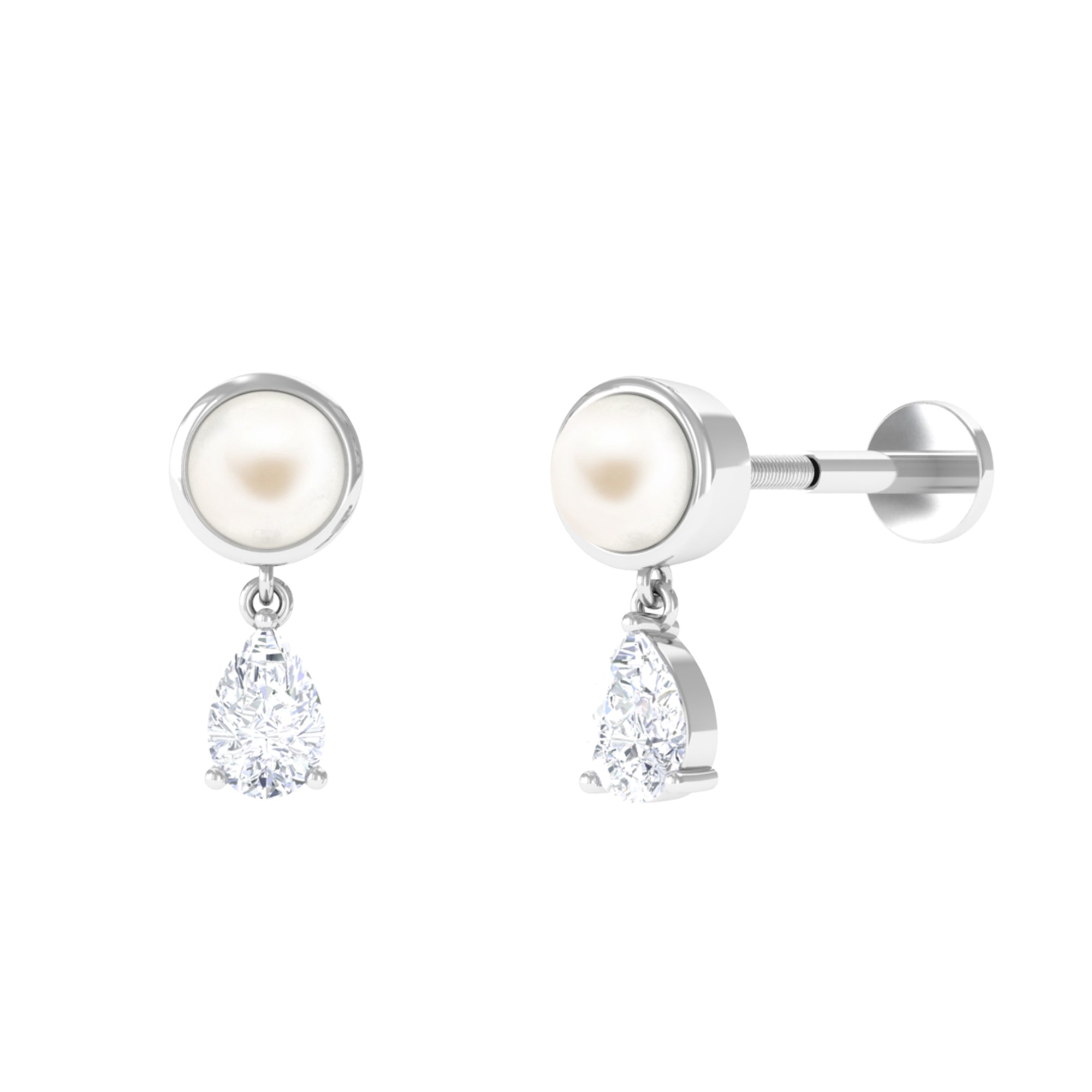 Freshwater Pearl and Moissanite Dangling Cartilage Earring Freshwater Pearl - ( AAA ) - Quality - Rosec Jewels