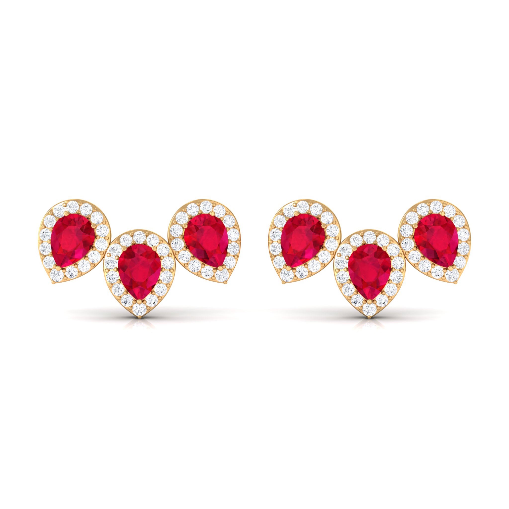 Pear Cut Created Ruby 3 Stone Stud Earring with Diamond Halo Lab Created Ruby - ( AAAA ) - Quality - Rosec Jewels