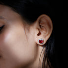 Heart Shape Created Ruby Stud Earrings with Diamond Halo Lab Created Ruby - ( AAAA ) - Quality - Rosec Jewels