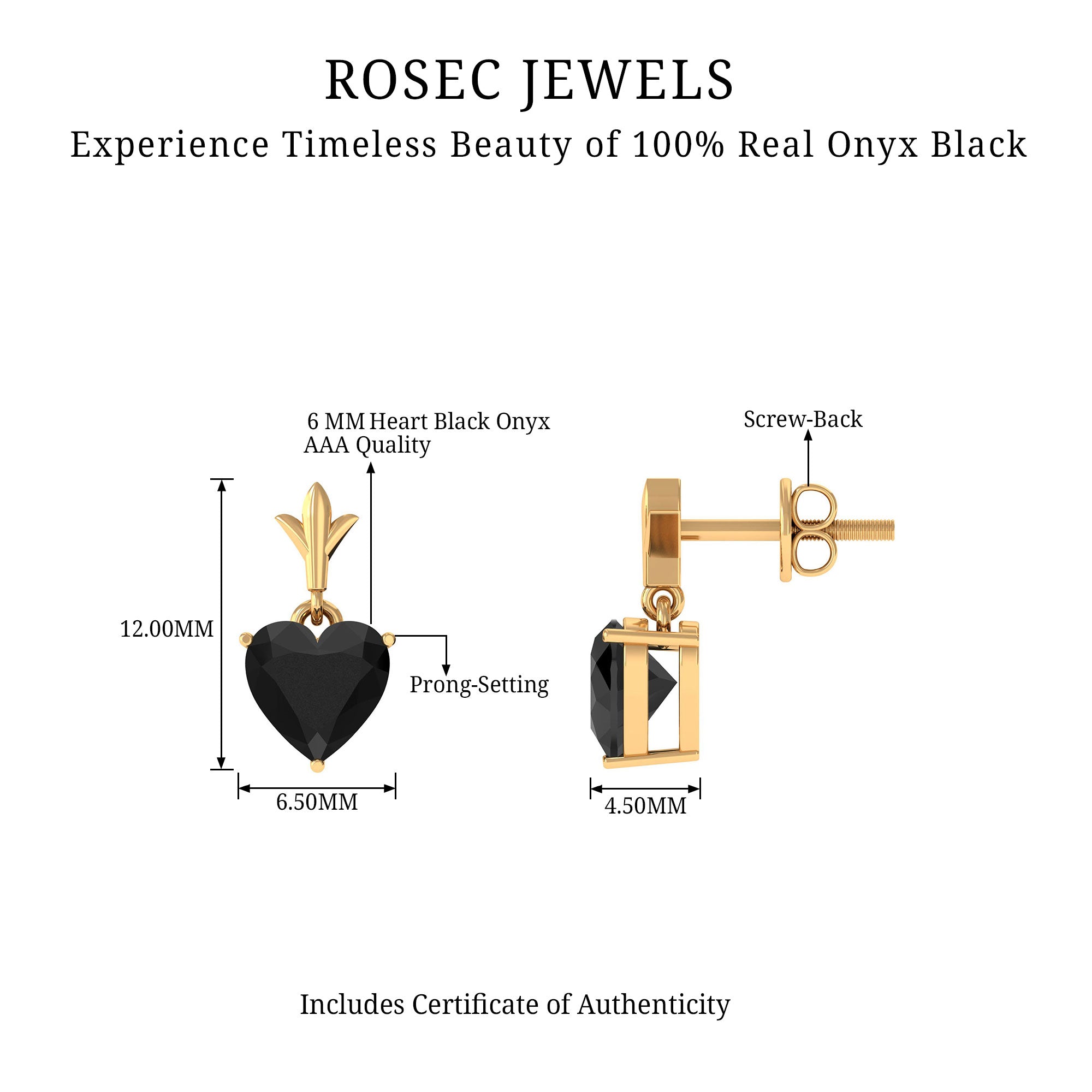 6 MM Heart Shape Black Onyx Drop Stud Earrings Black Onyx - ( AAA ) - Quality - Rosec Jewels