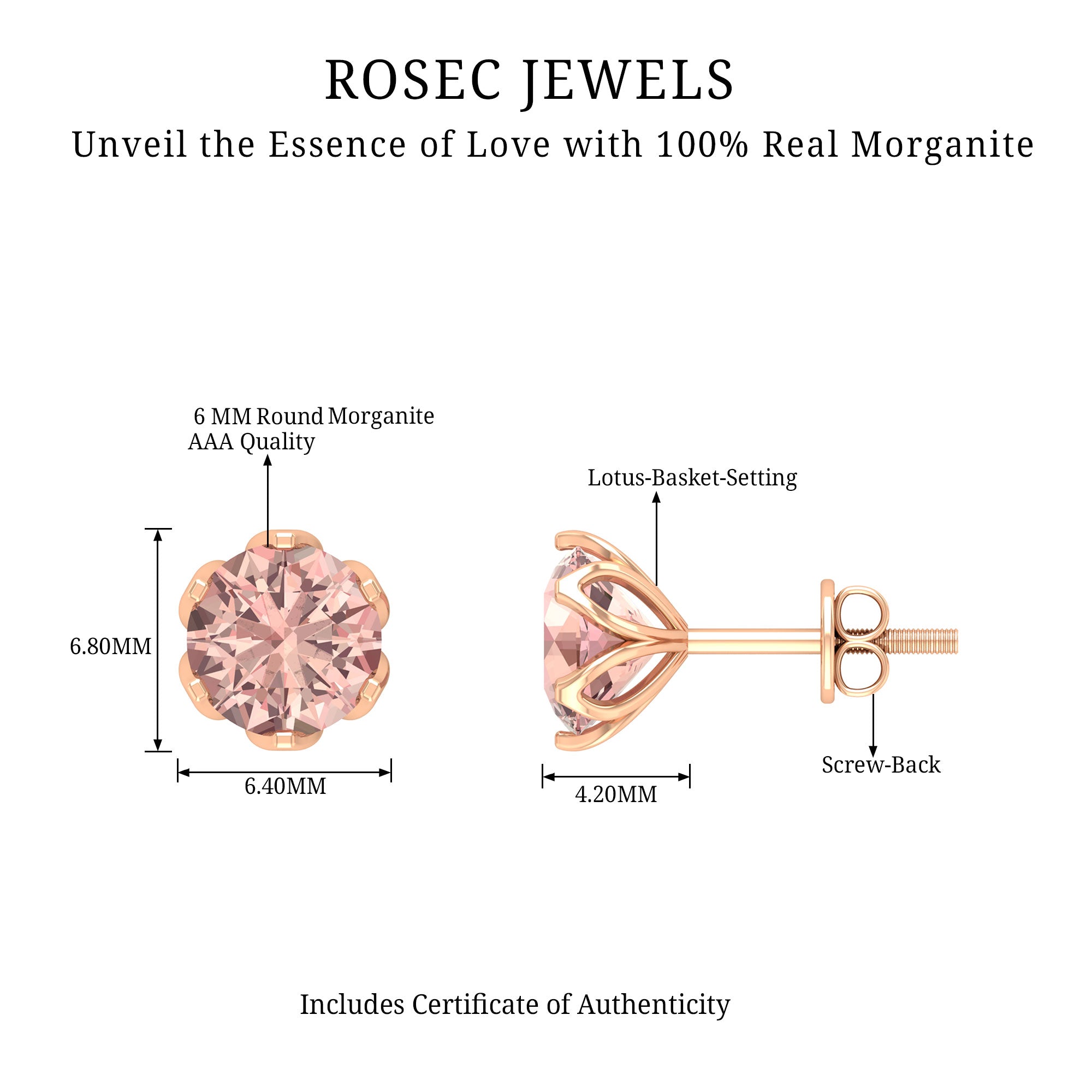 6 MM Morganite Solitaire Stud Earrings in Lotus Basket Setting Morganite - ( AAA ) - Quality - Rosec Jewels