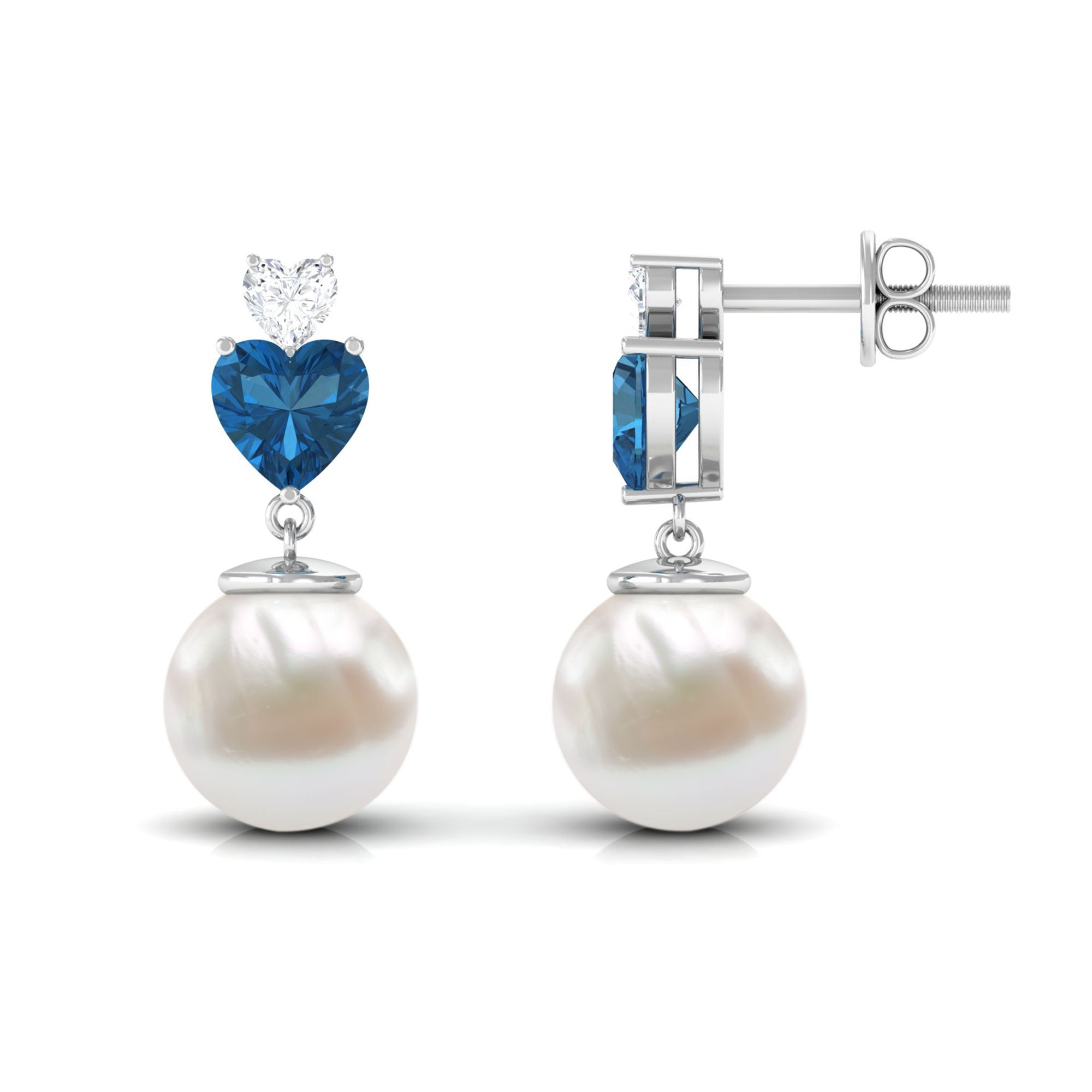 Freshwater Pearl Heart Stud Drop Earrings with London Blue Topaz and Moissanite Freshwater Pearl - ( AAA ) - Quality - Rosec Jewels