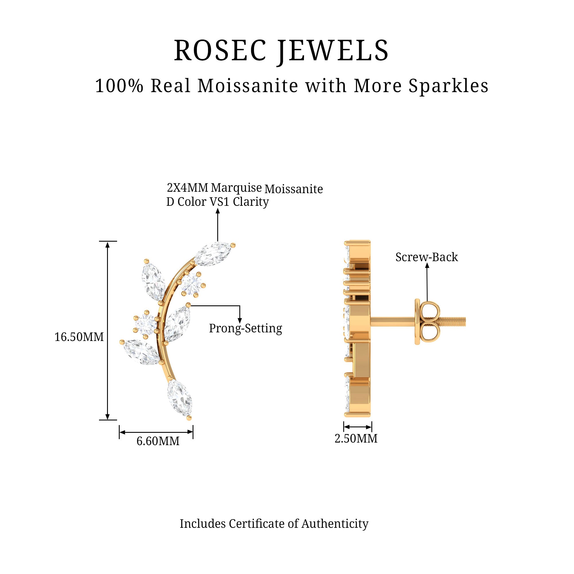 Nature Inspired Moissanite Climber Earrings Moissanite - ( D-VS1 ) - Color and Clarity - Rosec Jewels