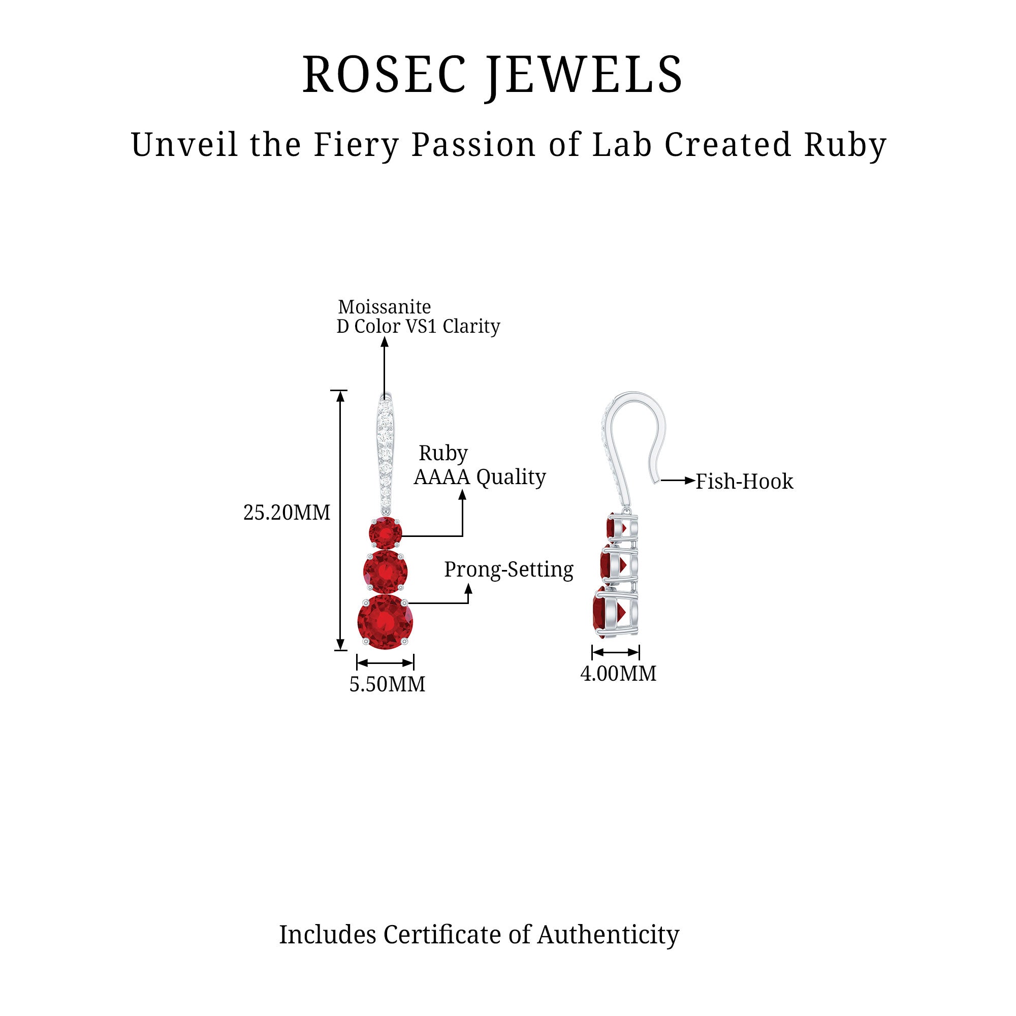 2.50 CT Lab Created Ruby Three Stone Silver Dangle Earrings with Moissanite Lab Created Ruby - ( AAAA ) - Quality 92.5 Sterling Silver - Rosec Jewels