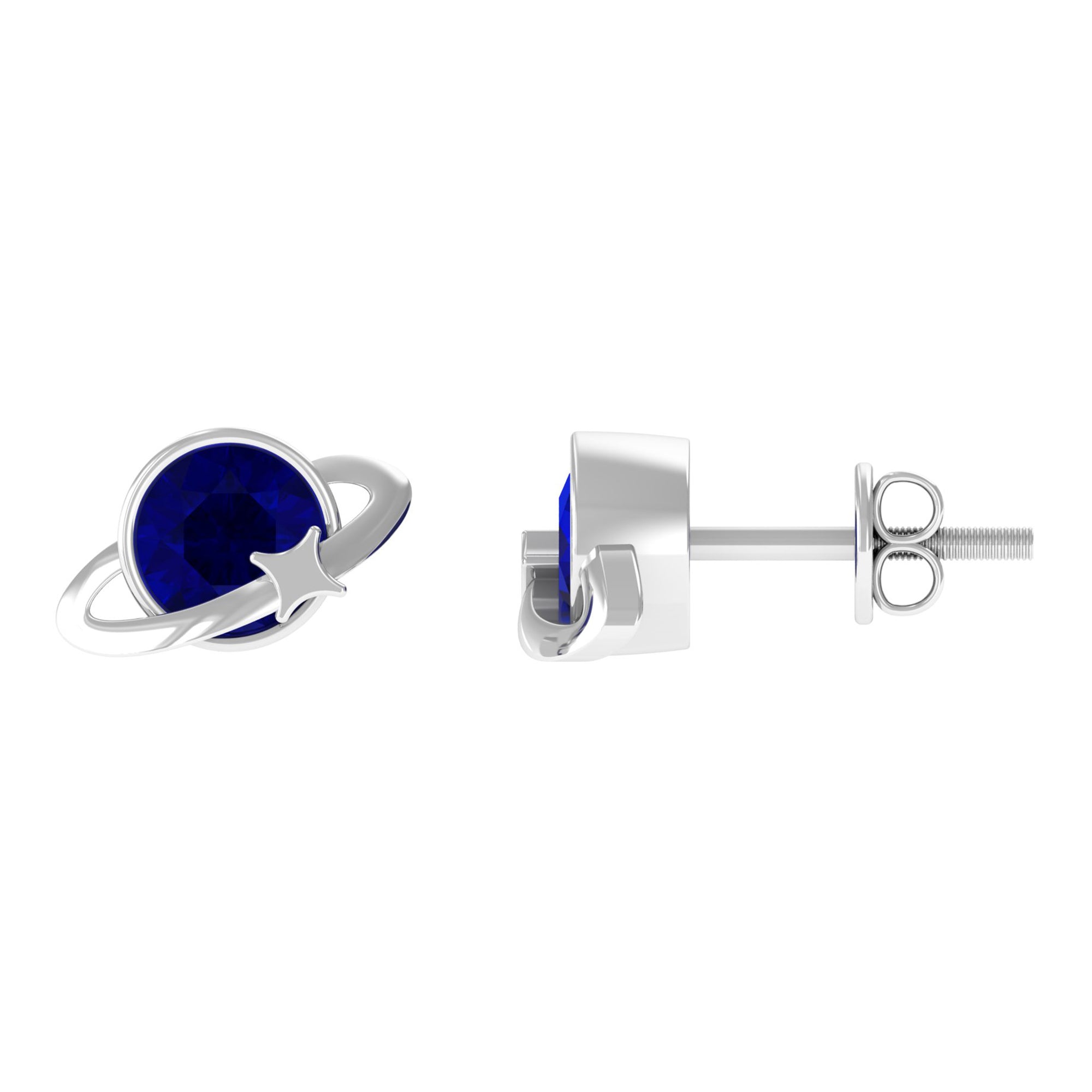 2 CT Solitaire Blue Sapphire Celestial Stud Earrings in Bezel Setting Blue Sapphire - ( AAA ) - Quality - Rosec Jewels
