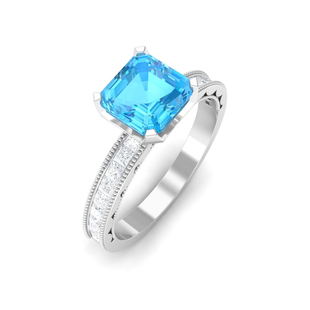 2 CT Swiss Blue Topaz Solitaire Ring with Princess Cut Moissanite Side Stones Swiss Blue Topaz - ( AAA ) - Quality - Rosec Jewels