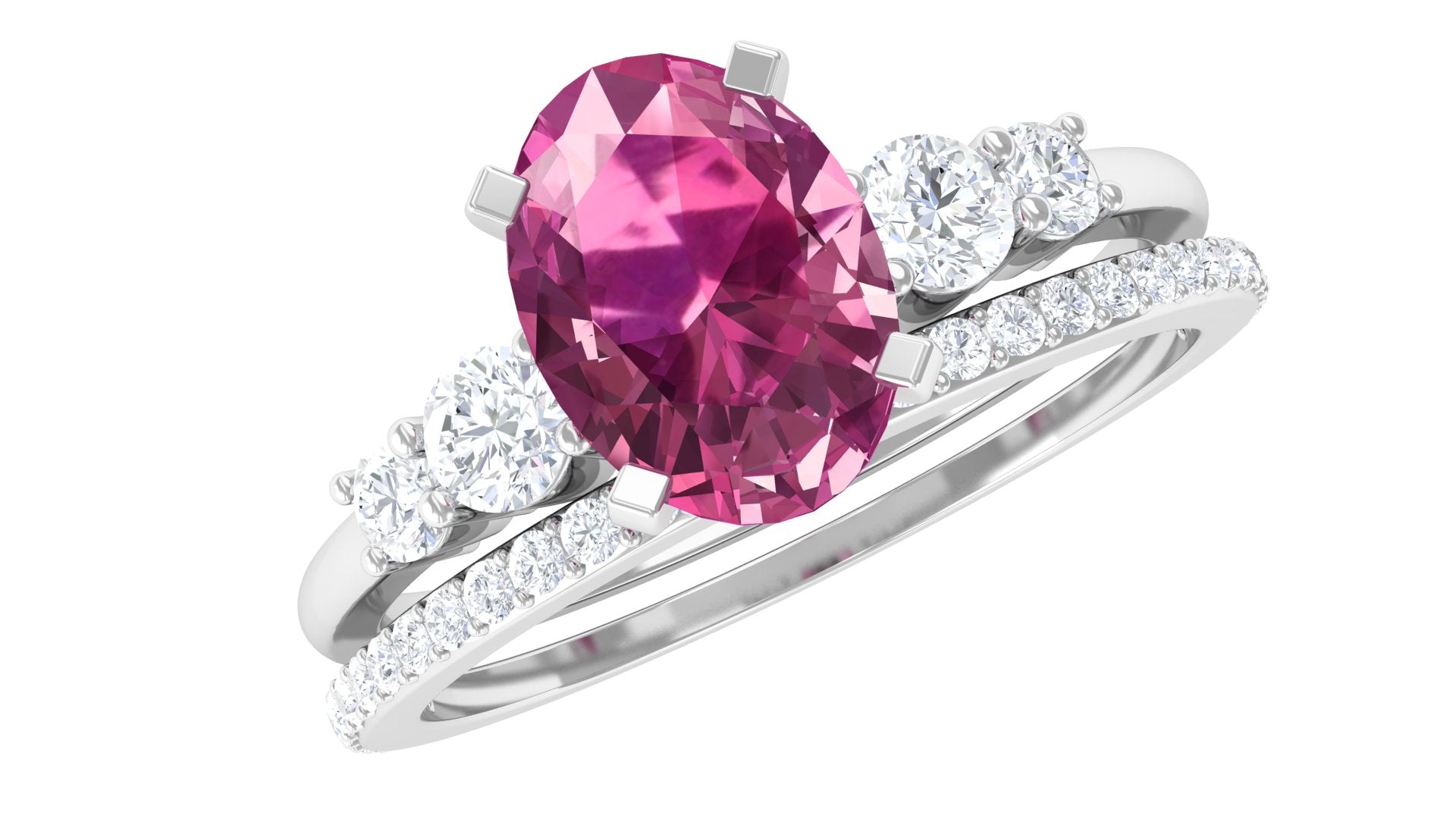 Oval Pink tourmaline Solitaire Ring Set with Moissanite Pink Tourmaline - ( AAA ) - Quality 92.5 Sterling Silver 6.5 - Rosec Jewels