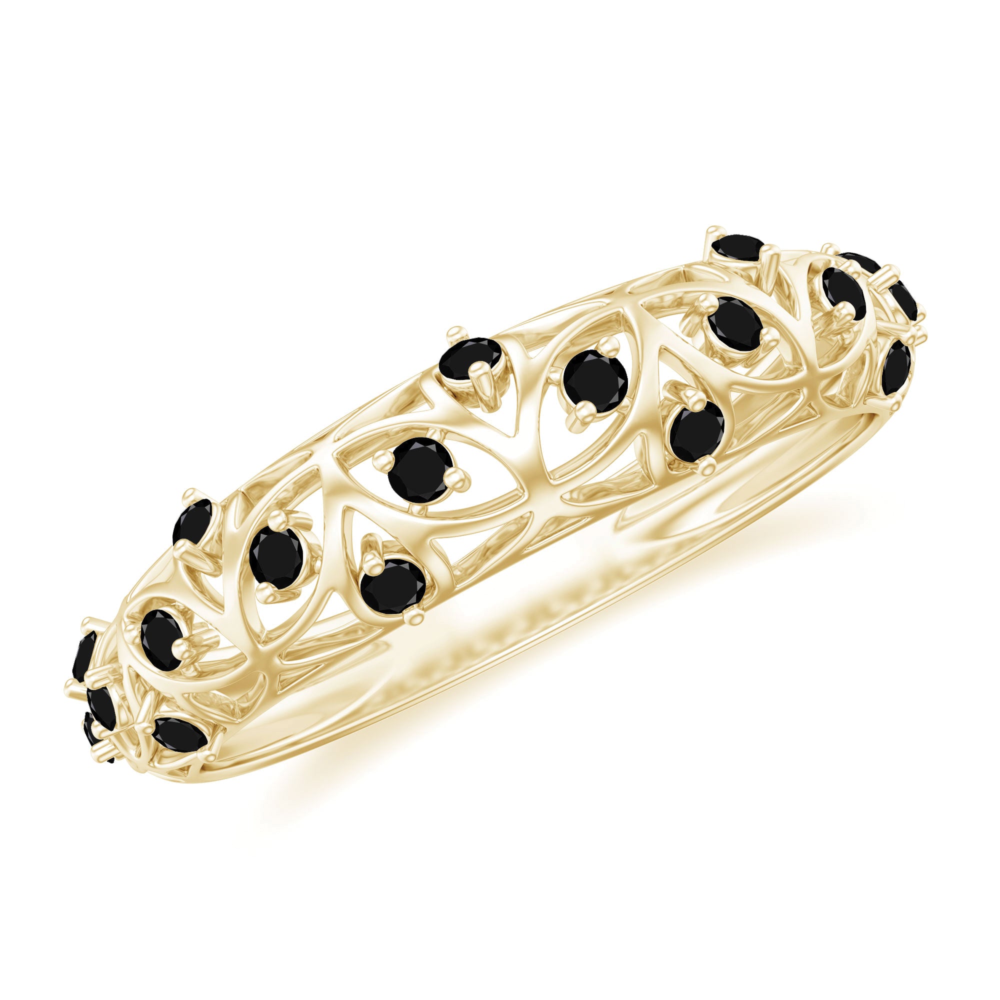 Round Black Onyx Semi Eternity Band Ring with Gold Filigree Details Black Onyx - ( AAA ) - Quality - Rosec Jewels