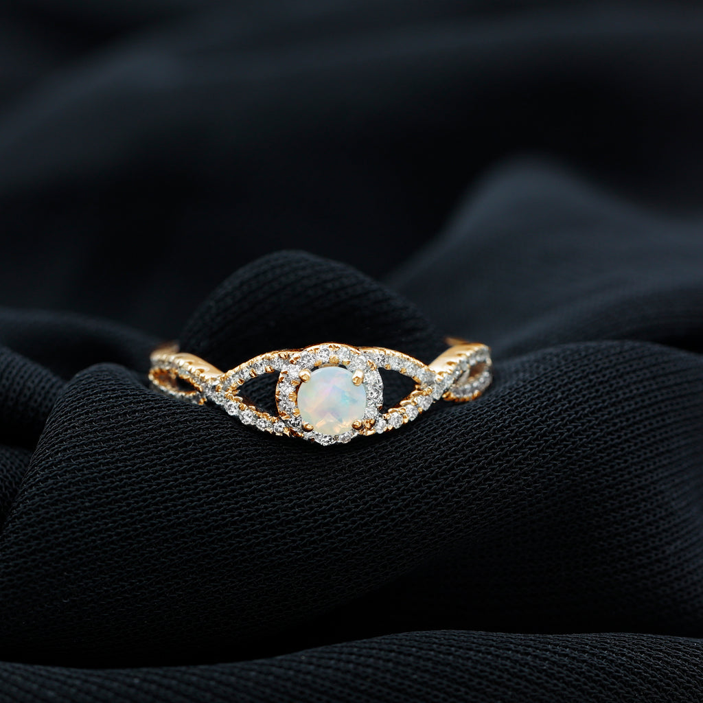 Rosec Jewels-Criss Cross Shank Ethiopian Opal and Diamond Halo Engagement Ring