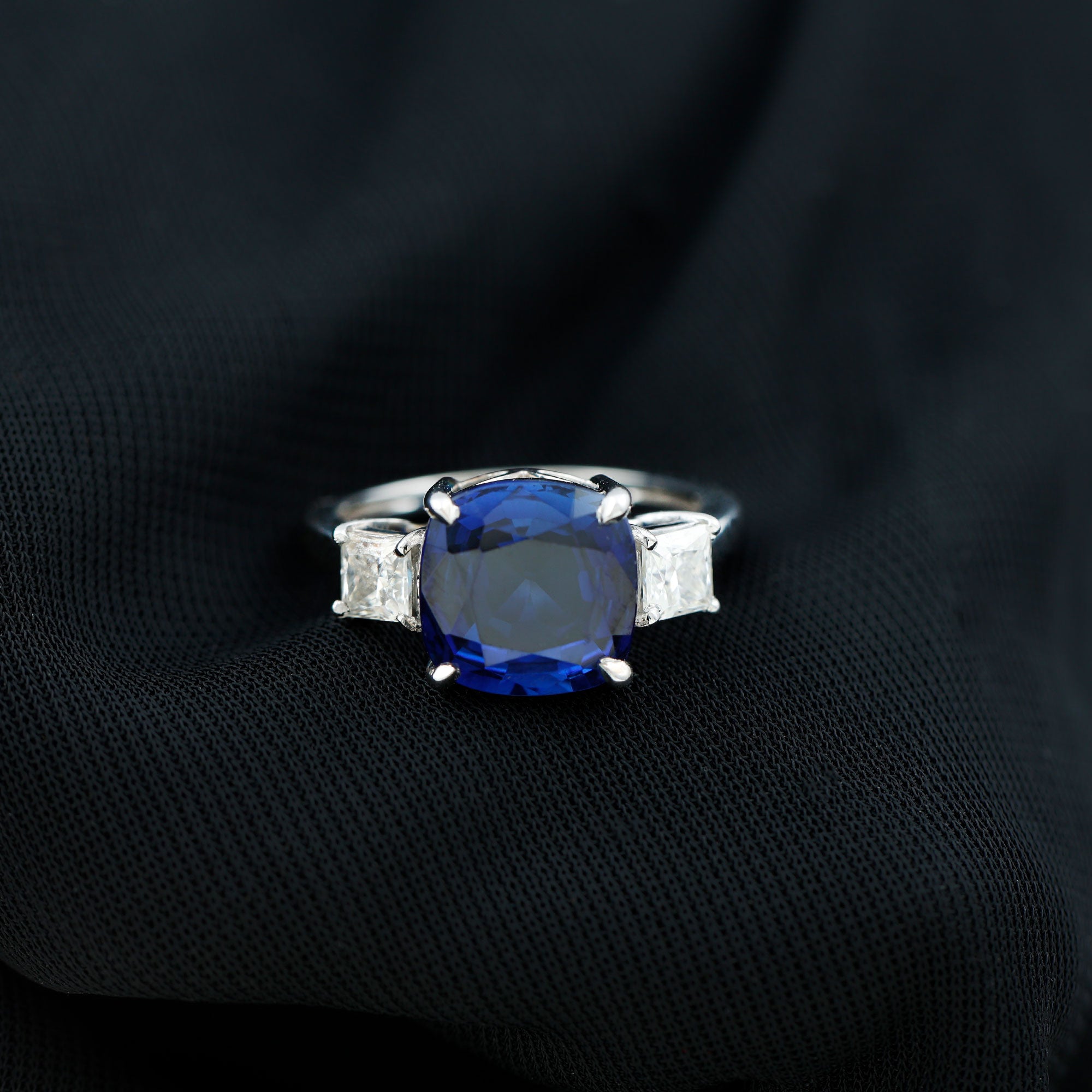 Cushion Cut Created Blue Sapphire Solitaire Silver Ring Lab Created Blue Sapphire - ( AAAA ) - Quality 92.5 Sterling Silver - Rosec Jewels