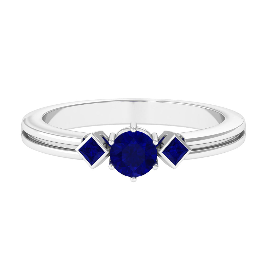 1/2 CT Minimal Princess and Round Cut Blue Sapphire Three Stone Ring Blue Sapphire - ( AAA ) - Quality - Rosec Jewels
