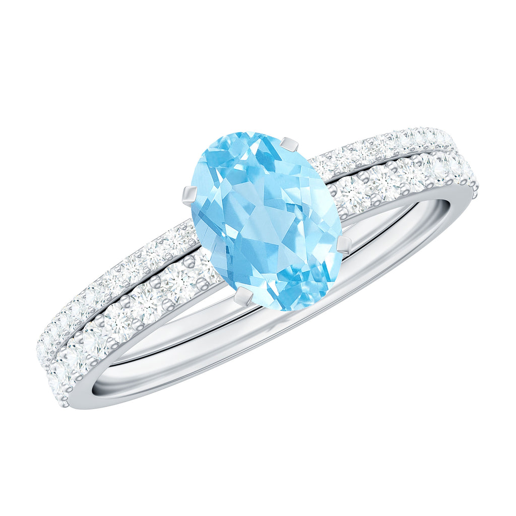 Oval Aquamarine Solitaire Wedding Ring Set with Diamond Side Stones Aquamarine - ( AAA ) - Quality - Rosec Jewels
