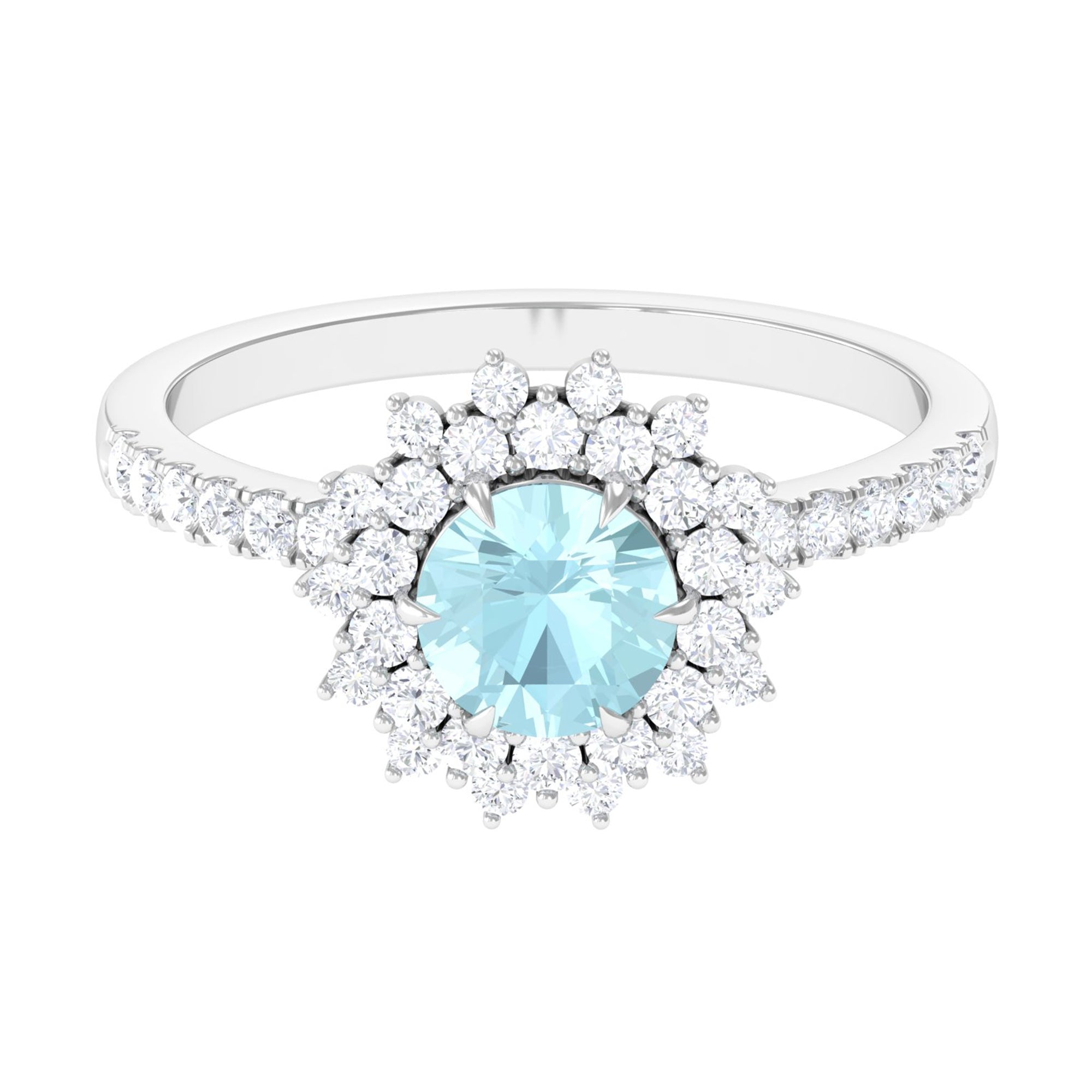 Round Sky Blue Topaz Statement Engagement Ring with Moissanite Cluster Halo Sky Blue Topaz - ( AAA ) - Quality - Rosec Jewels
