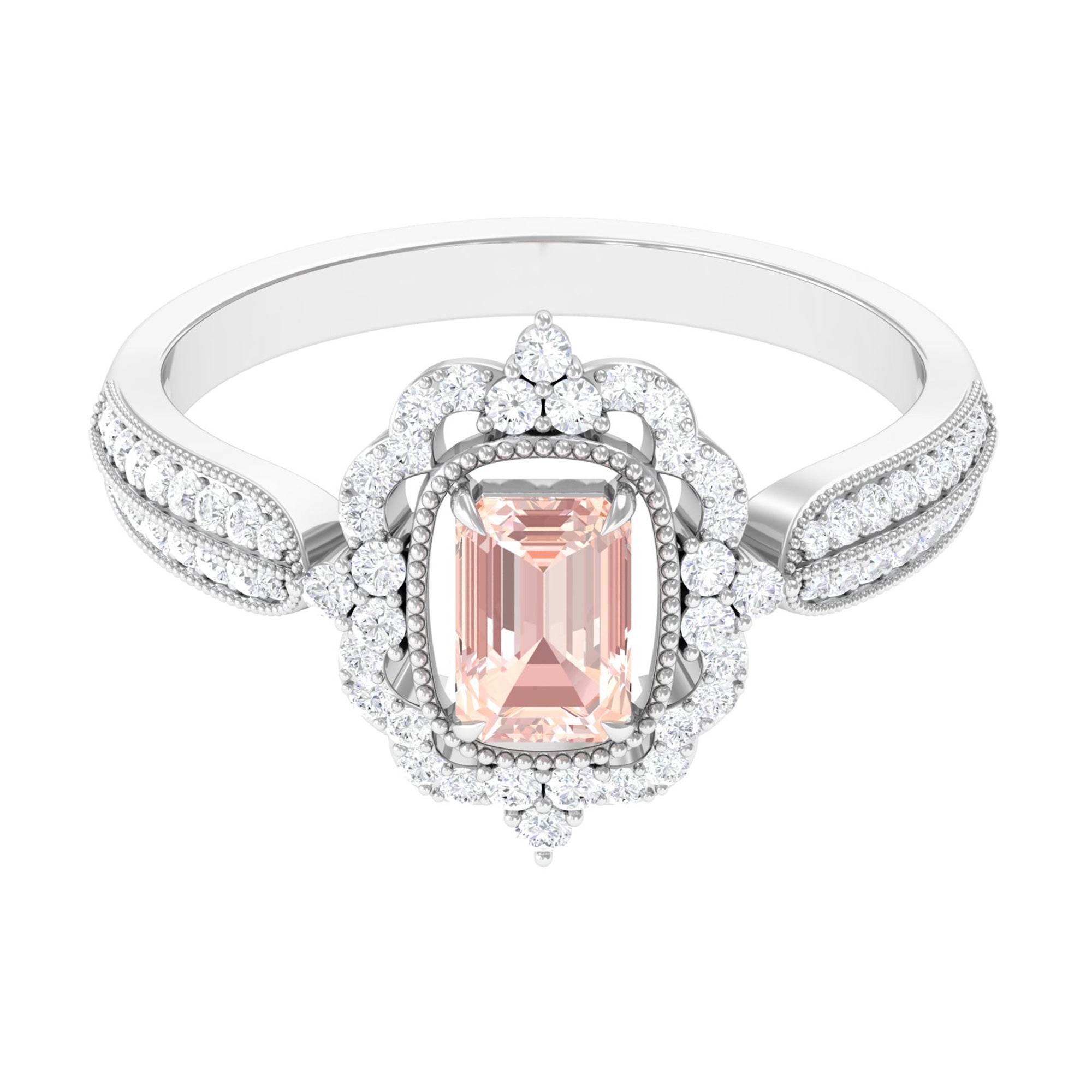 Vintage Style Emerald Cut Morganite Engagement Ring with Diamond Floral Halo Morganite - ( AAA ) - Quality - Rosec Jewels