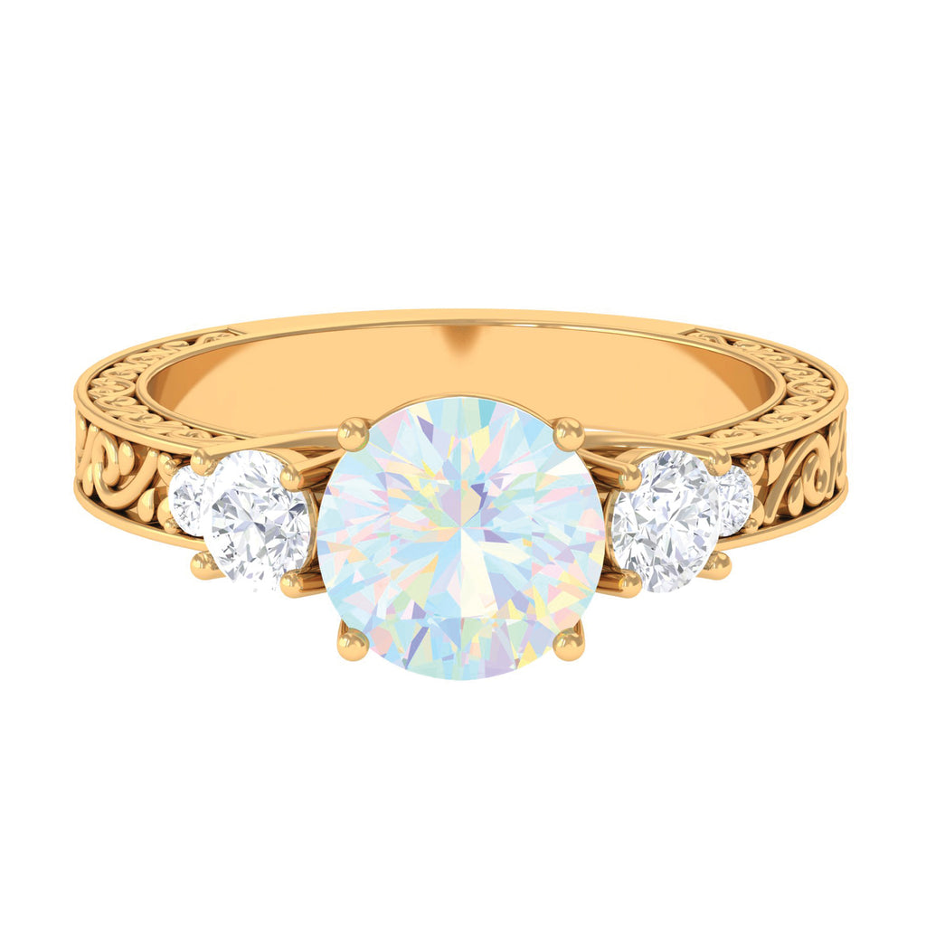 Round Ethiopian Opal and Moissanite Art Deco Engagement Ring in Gold Ethiopian Opal - ( AAA ) - Quality - Rosec Jewels