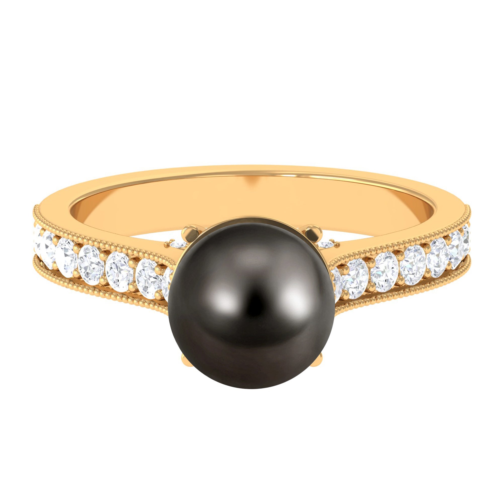 Round Tahitian Pearl Solitaire Ring with Diamond Side Stones Tahitian pearl - ( AAA ) - Quality - Rosec Jewels
