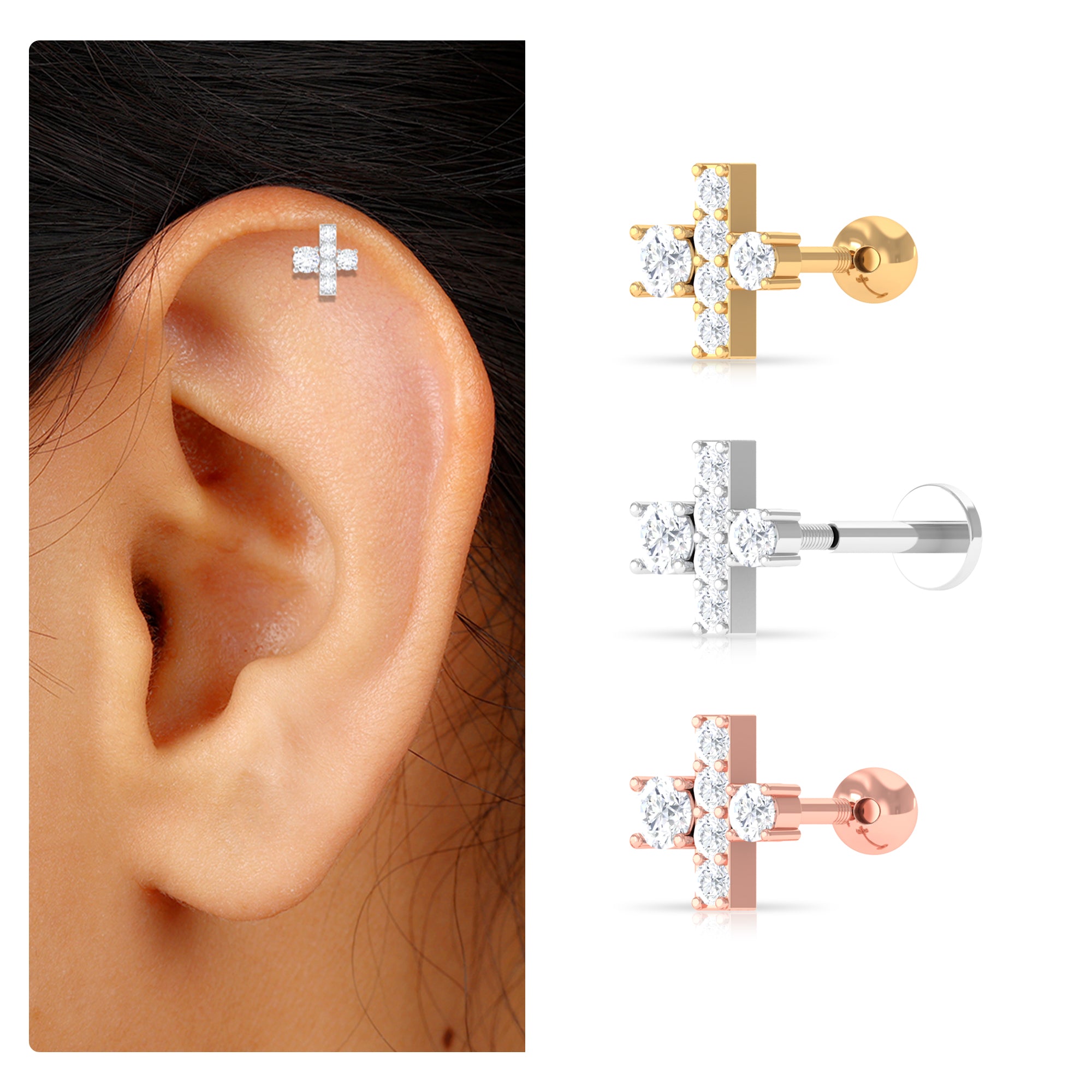 Quirky Moissanite Dainty Cartilage Earring in Gold Moissanite - ( D-VS1 ) - Color and Clarity - Rosec Jewels