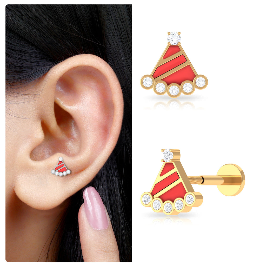 Christmas Diamond Santa Hat Earring with Red Enamel Diamond - ( HI-SI ) - Color and Clarity - Rosec Jewels