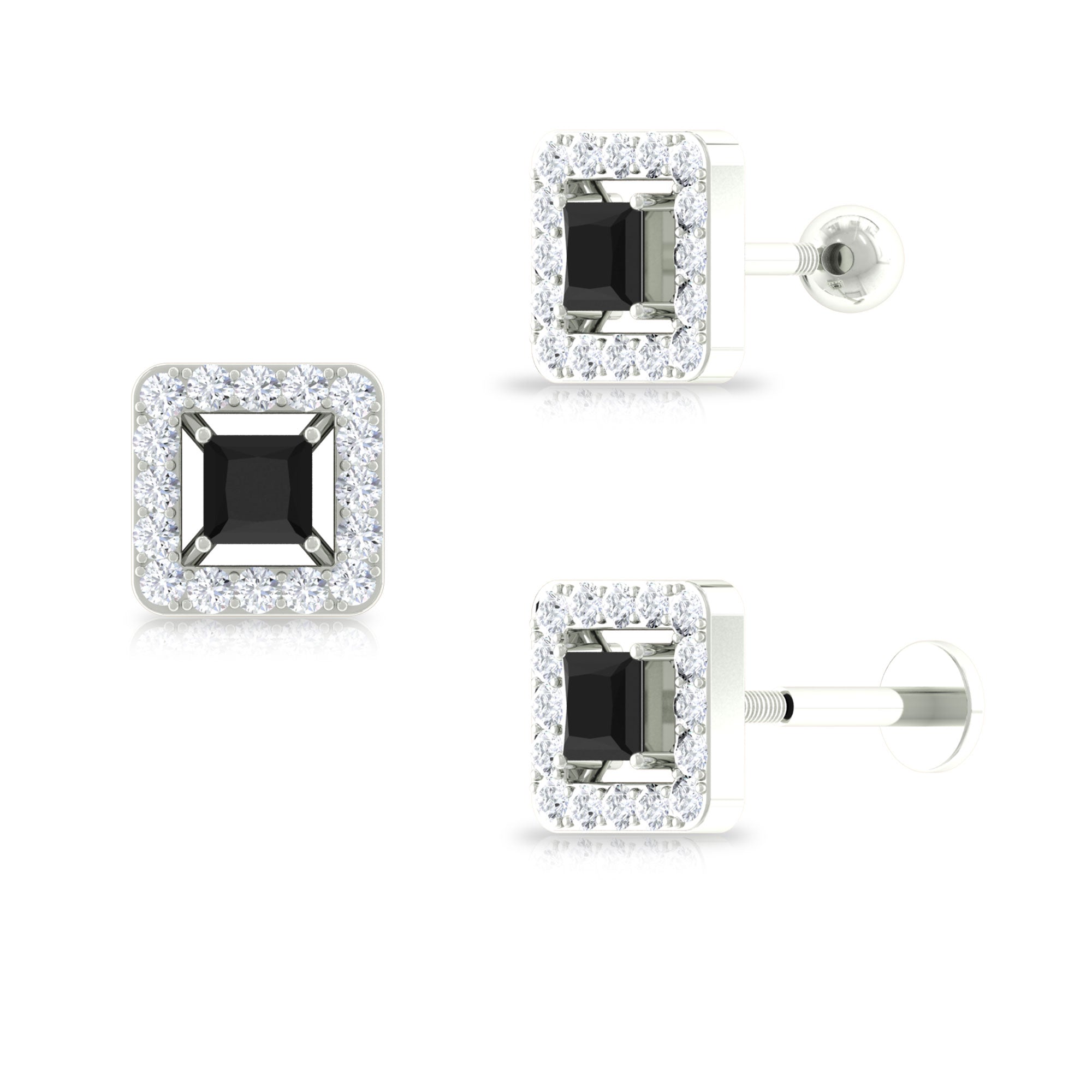Princess Cut Black Onyx Square Helix Earring with Moissanite Black Onyx - ( AAA ) - Quality - Rosec Jewels