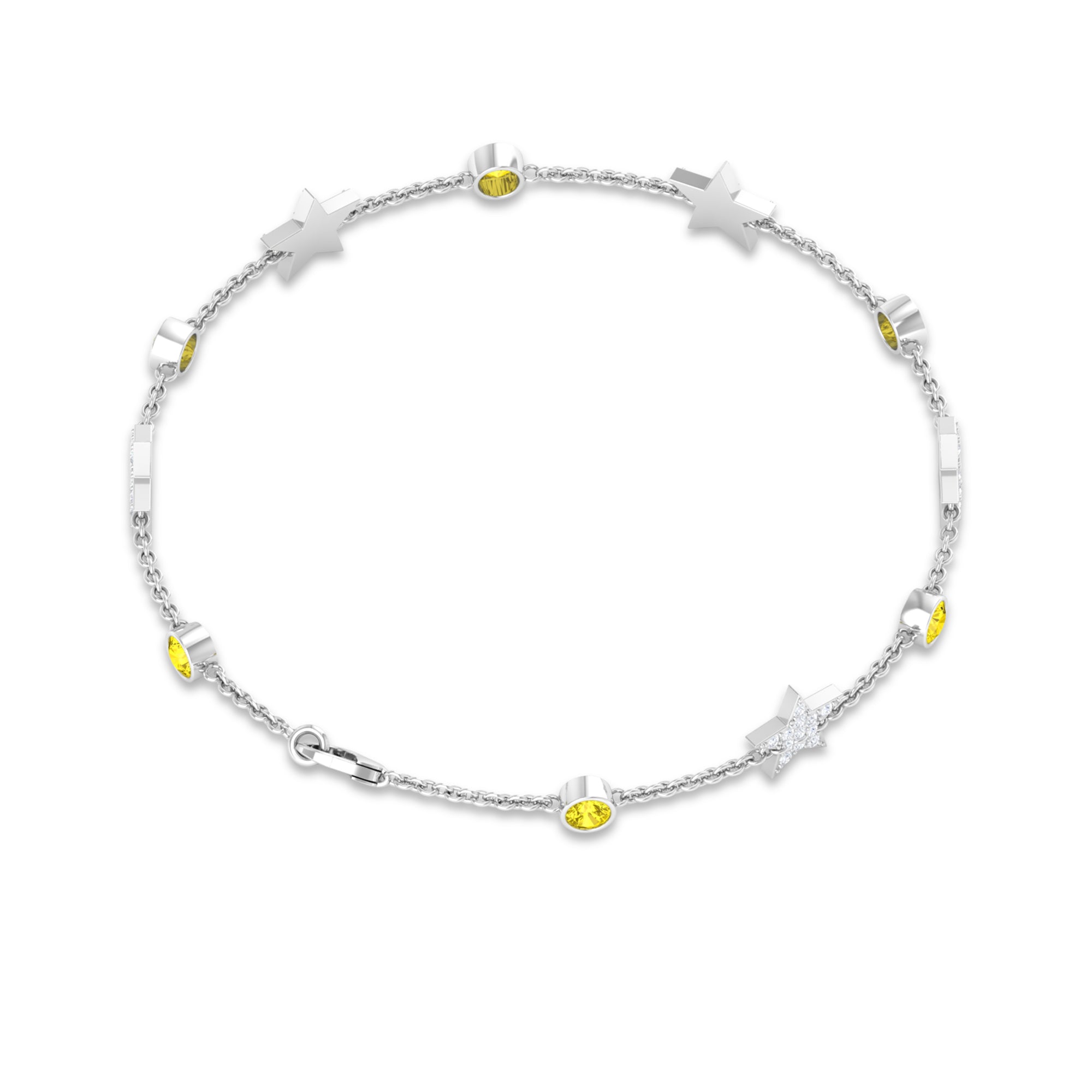 Round Yellow Sapphire and Diamond Star Station Chain Bracelet Yellow Sapphire - ( AAA ) - Quality - Rosec Jewels