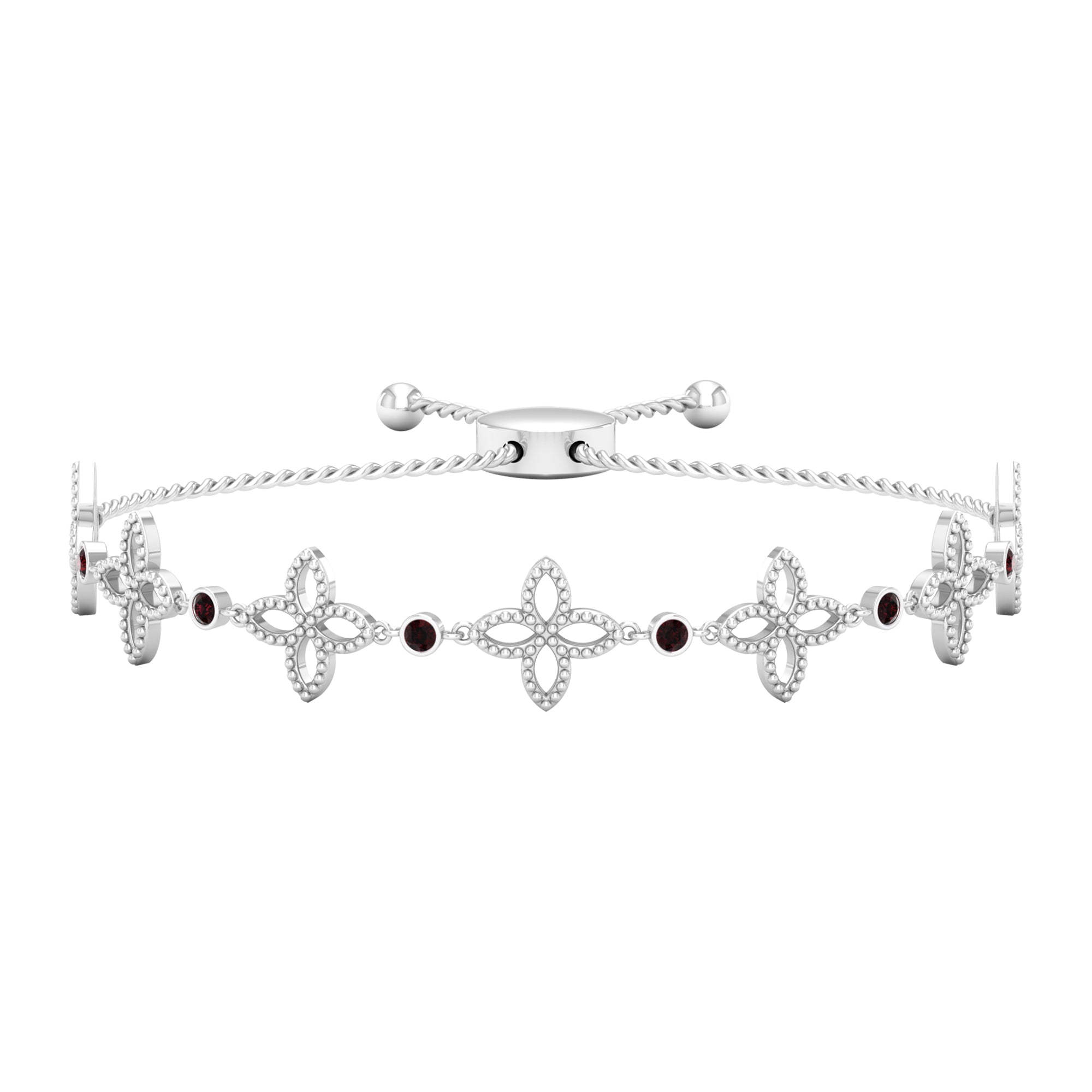 0.25 CT Bezel Set Garnet and Gold Floral Bolo Chain Bracelet with Beaded Details Garnet - ( AAA ) - Quality - Rosec Jewels
