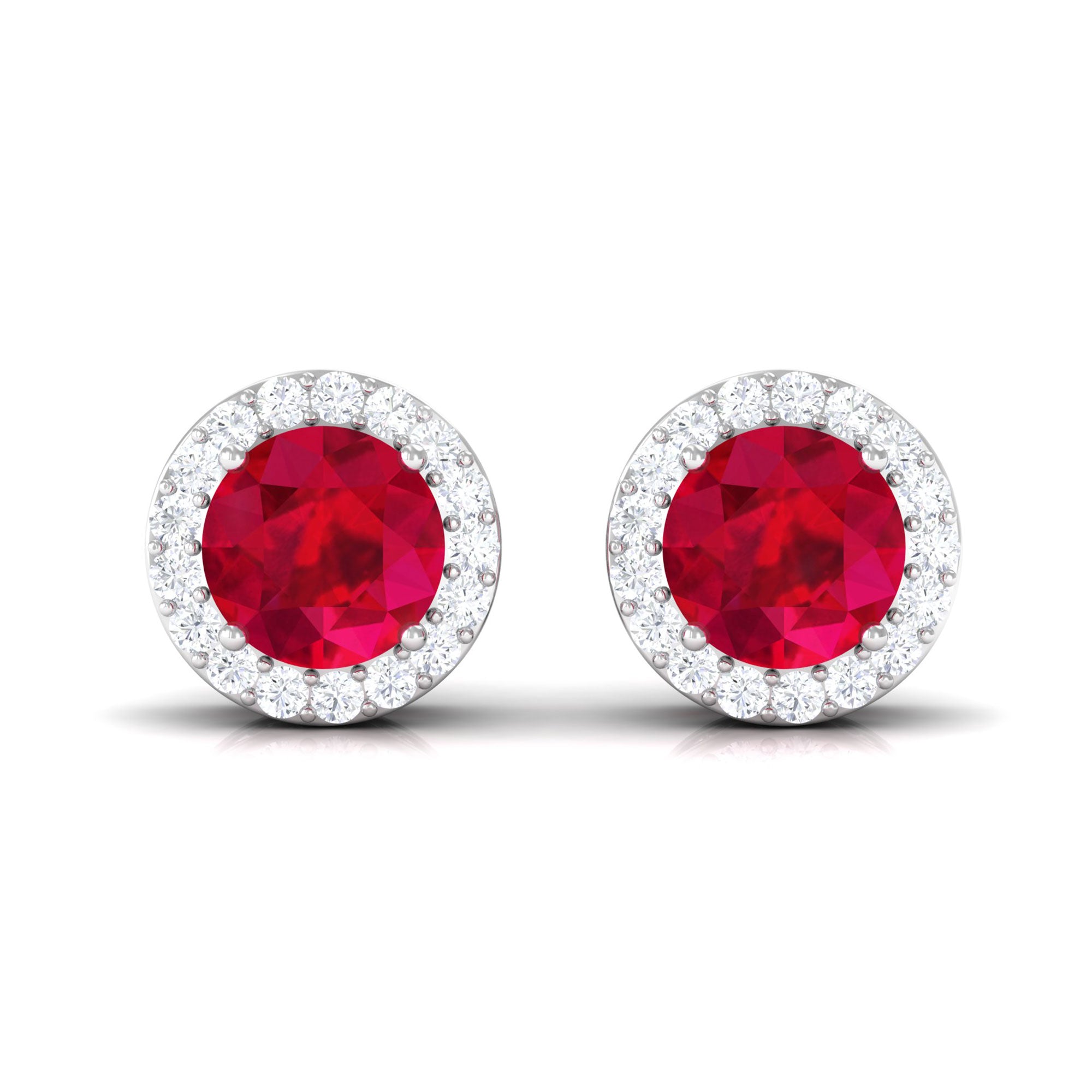 5 MM Created Ruby Halo Stud Earrings with Diamond Lab Created Ruby - ( AAAA ) - Quality - Rosec Jewels