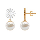 Freshwater Pearl Drop Earrings with Round Shape Diamond Stones Freshwater Pearl - ( AAA ) - Quality - Rosec Jewels