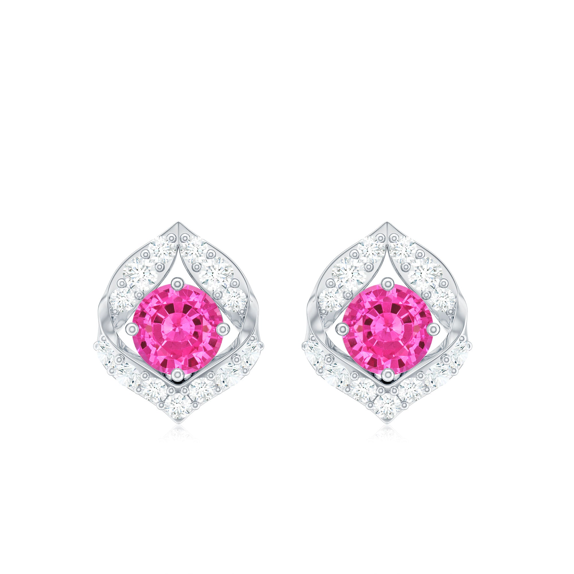 Created Pink Sapphire Nature Inspired Stud Earrings With Diamond Lab Created Pink Sapphire - ( AAAA ) - Quality - Rosec Jewels