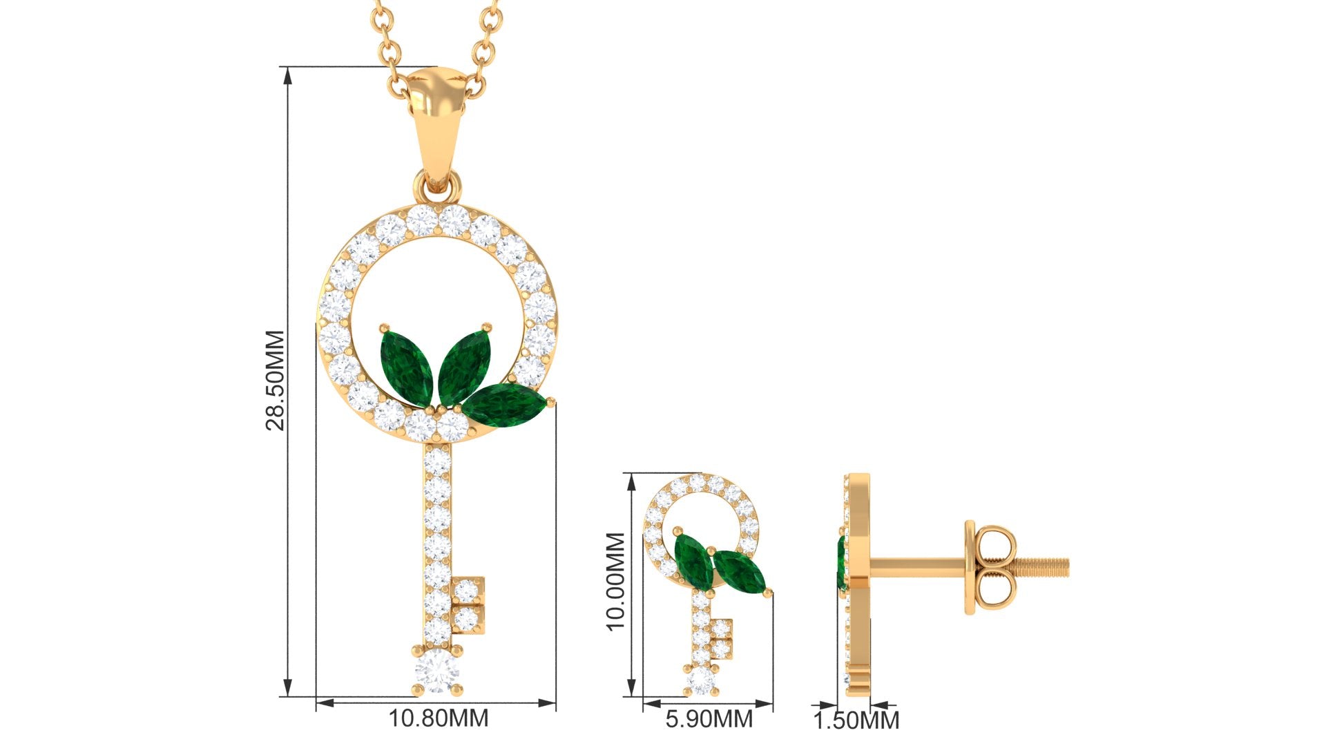 Marquise Cut Emerald and Diamond Key Pendant and Earrings Emerald - ( AAA ) - Quality - Rosec Jewels