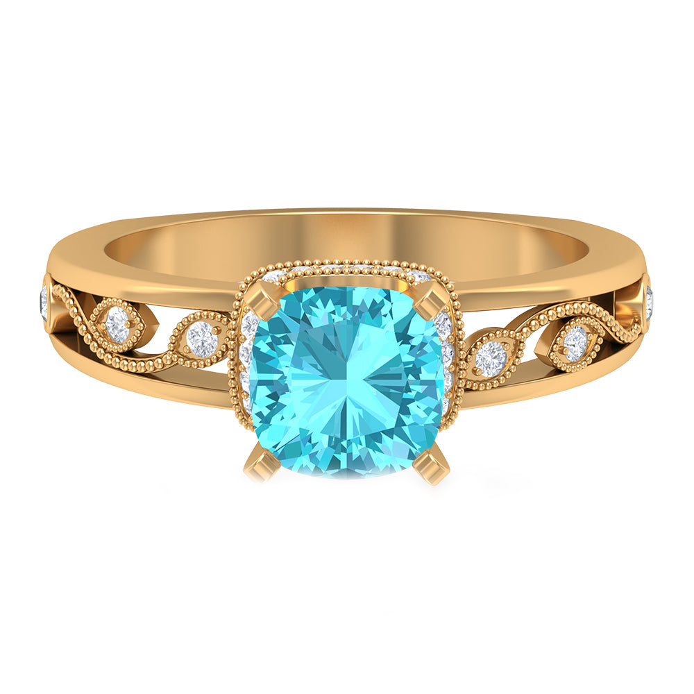 Cushion Cut Swiss Blue Topaz Solitaire Ring with Diamond Accents and Milgrain Details Swiss Blue Topaz - ( AAA ) - Quality - Rosec Jewels