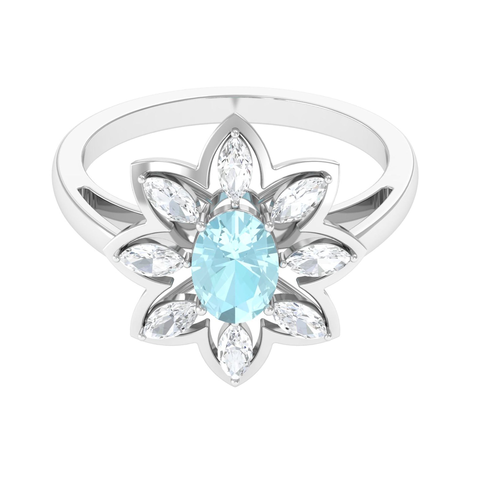 Oval Sky Blue Topaz and Moissanite Cocktail Flower Ring Sky Blue Topaz - ( AAA ) - Quality - Rosec Jewels