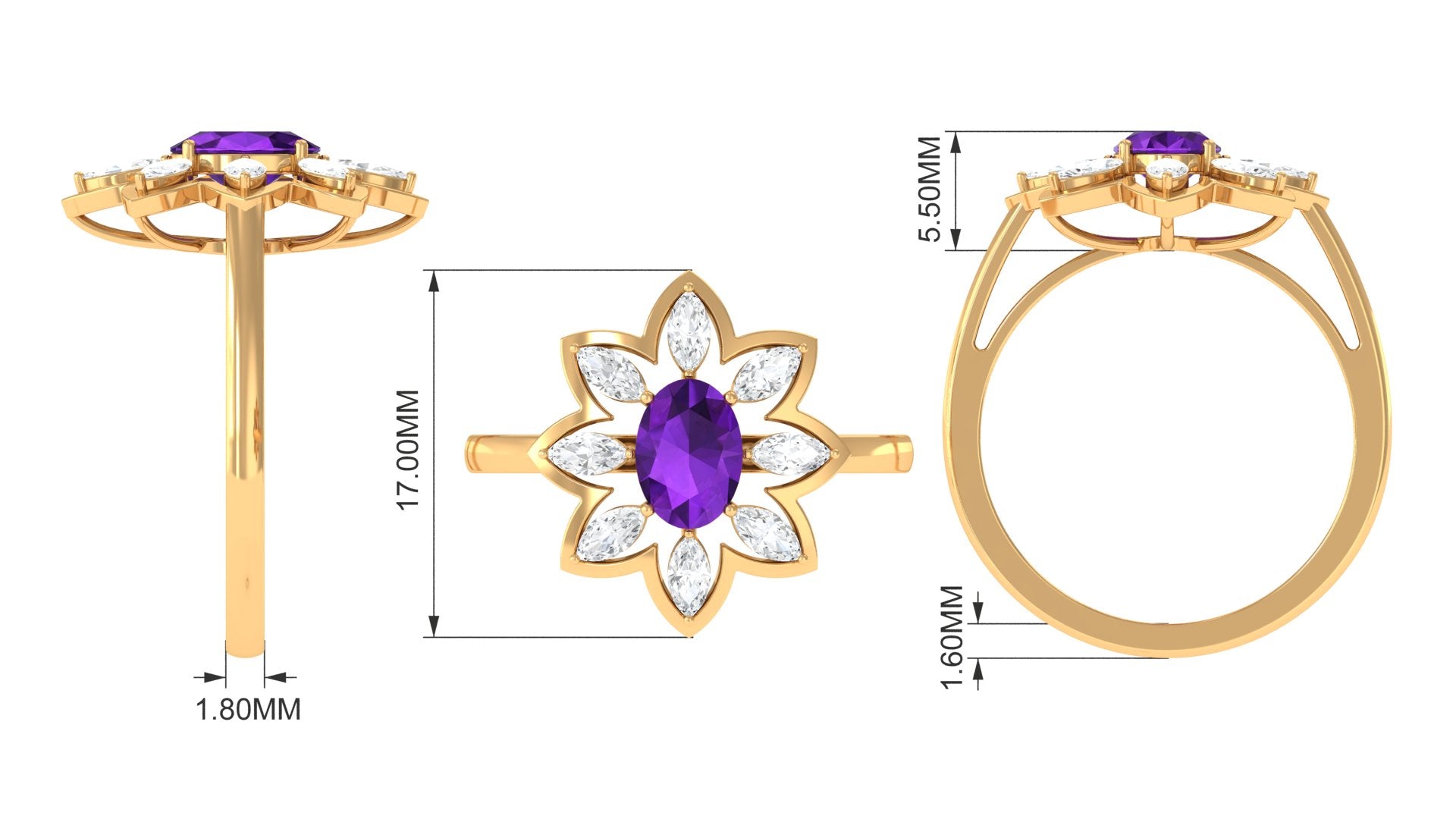Oval Amethyst and Moissanite Cocktail Flower Ring Amethyst - ( AAA ) - Quality - Rosec Jewels