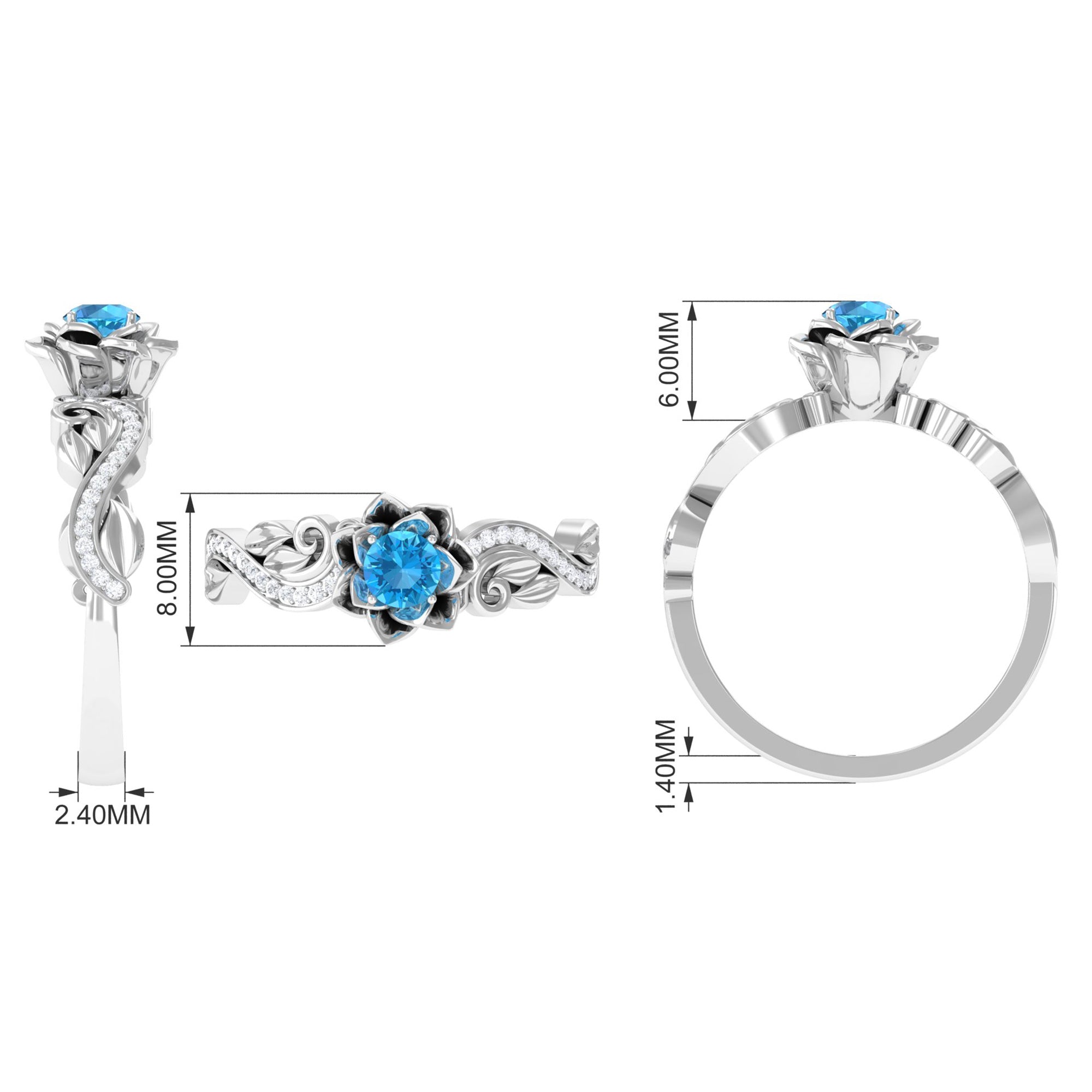 1/2 CT Floral Inspired Swiss Blue Topaz and Diamond Engagement Ring Swiss Blue Topaz - ( AAA ) - Quality - Rosec Jewels