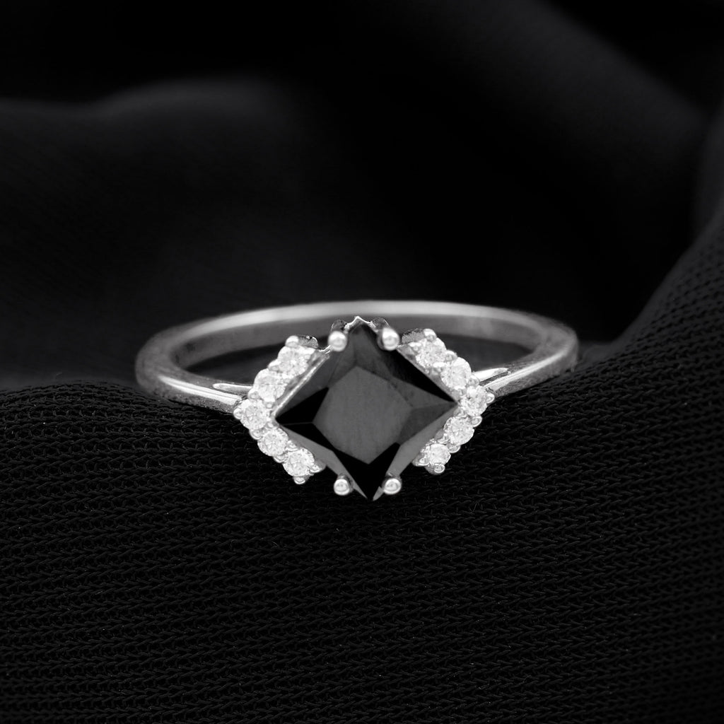 Princess Cut Created Black Diamond Engagement Ring with Diamond Lab Created Black Diamond - ( AAAA ) - Quality - Rosec Jewels