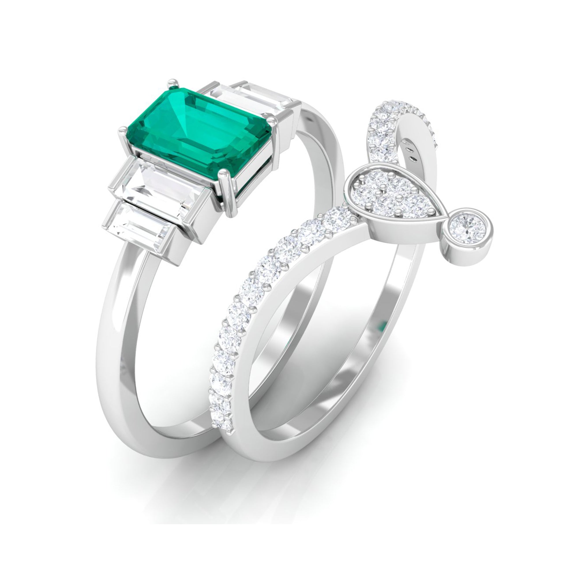 1.5 CT Emerald Ring Set of 2 with Moissanite Band Emerald - ( AAA ) - Quality - Rosec Jewels
