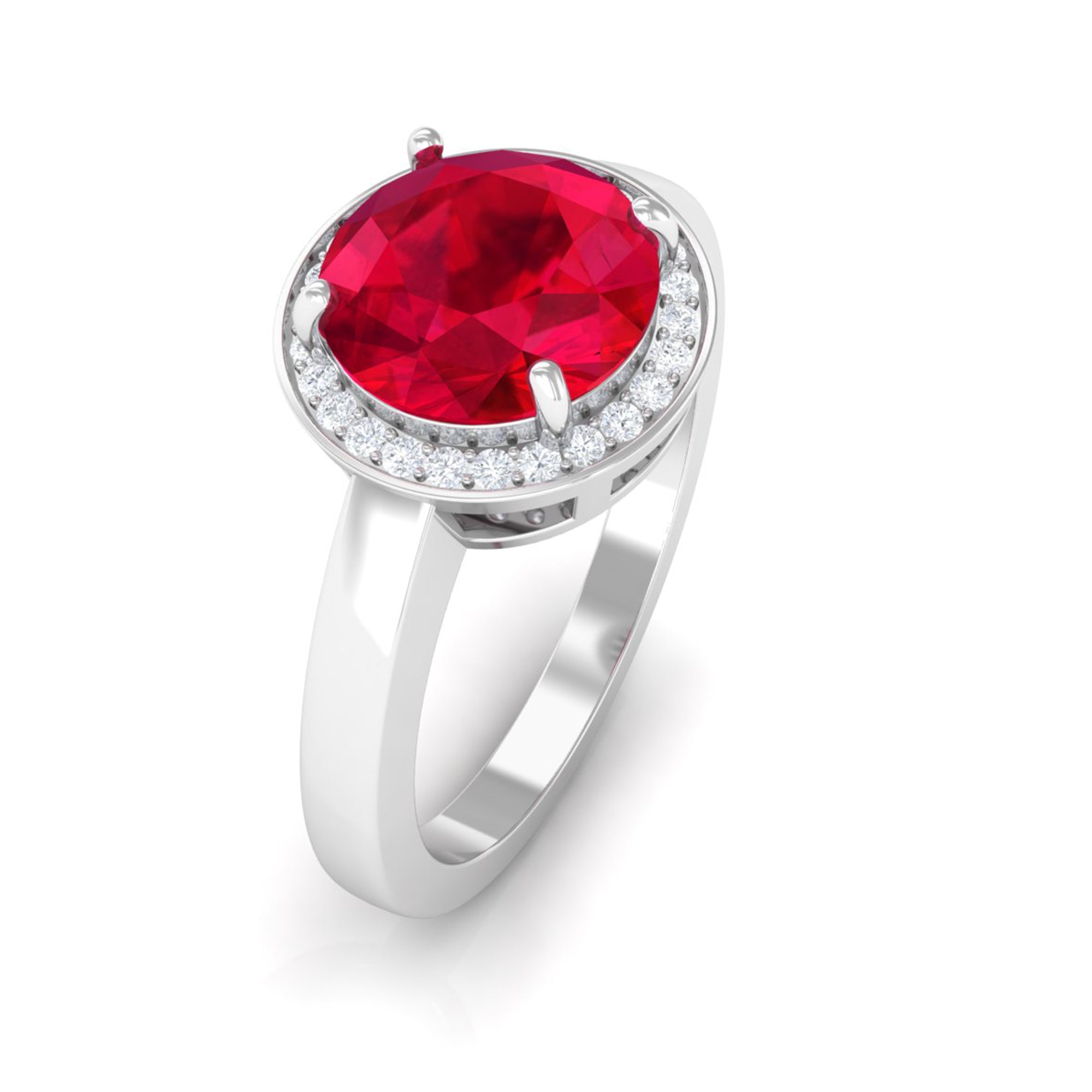Round Created Ruby Halo Engagement Ring with Diamond Lab Created Ruby - ( AAAA ) - Quality - Rosec Jewels