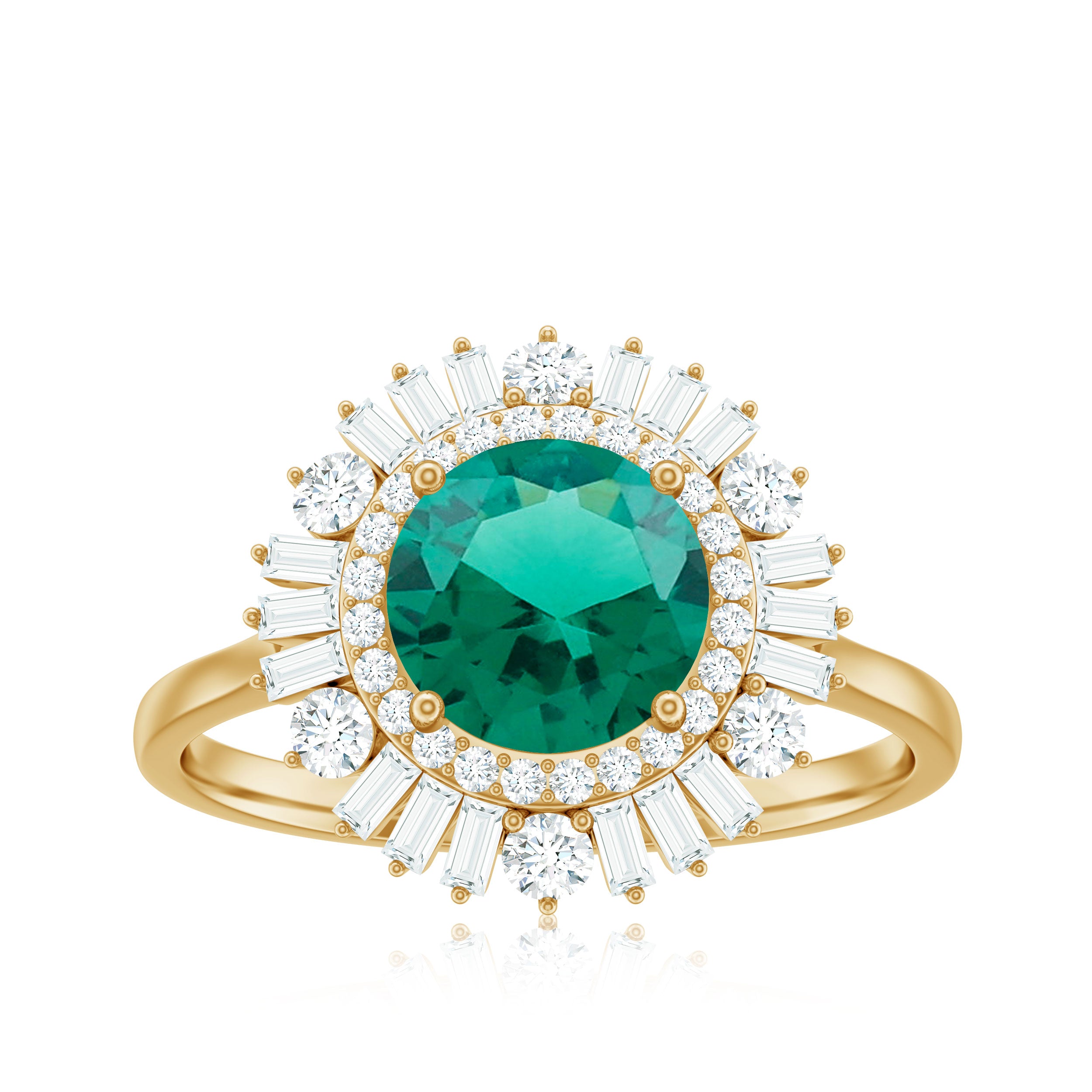 Round Created Emerald Cocktail Ring with Moissanite Double Halo Lab Created Emerald - ( AAAA ) - Quality - Rosec Jewels