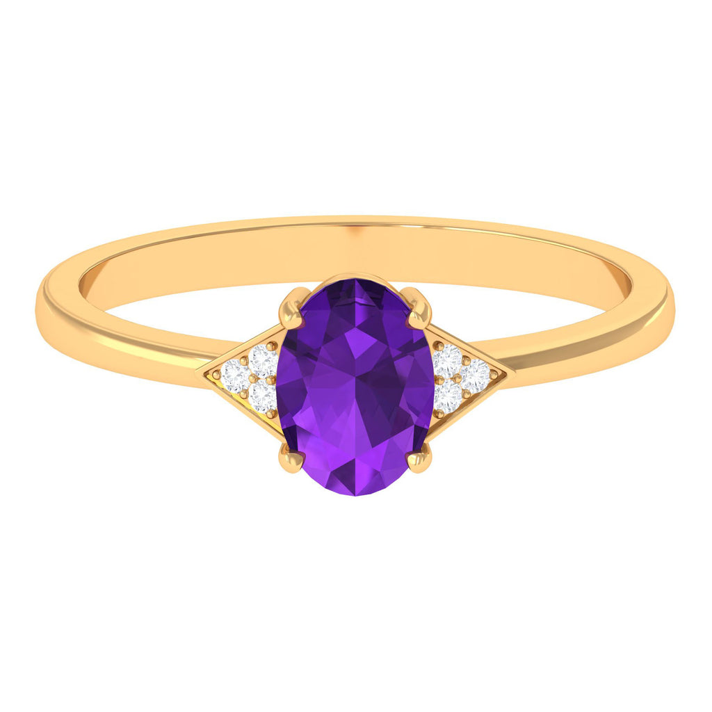 Oval Amethyst Solitaire Engagement Ring with Diamond Accent Amethyst - ( AAA ) - Quality - Rosec Jewels