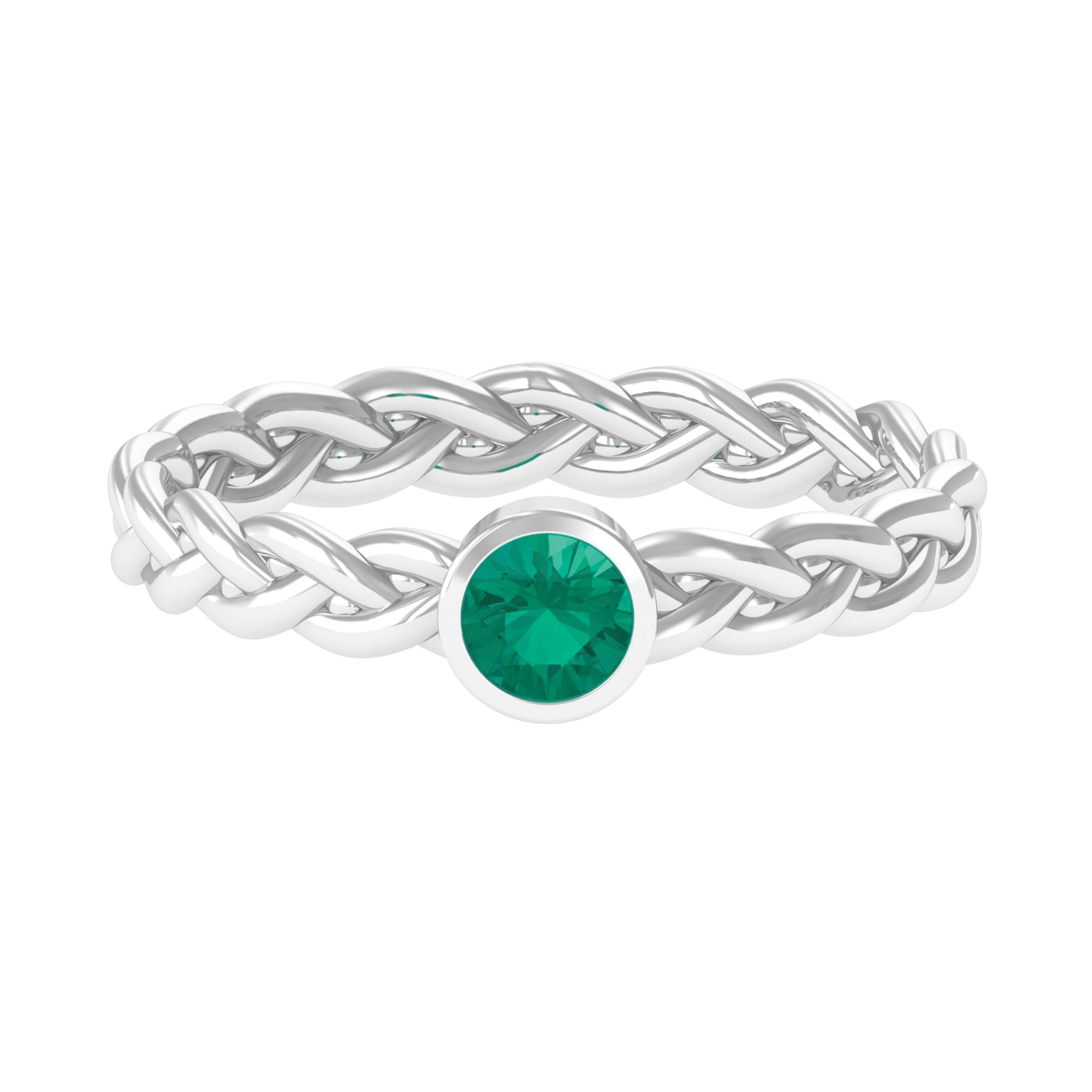 Bezel Set Round Emerald Solitaire Ring with Braided Shank Emerald - ( AAA ) - Quality - Rosec Jewels