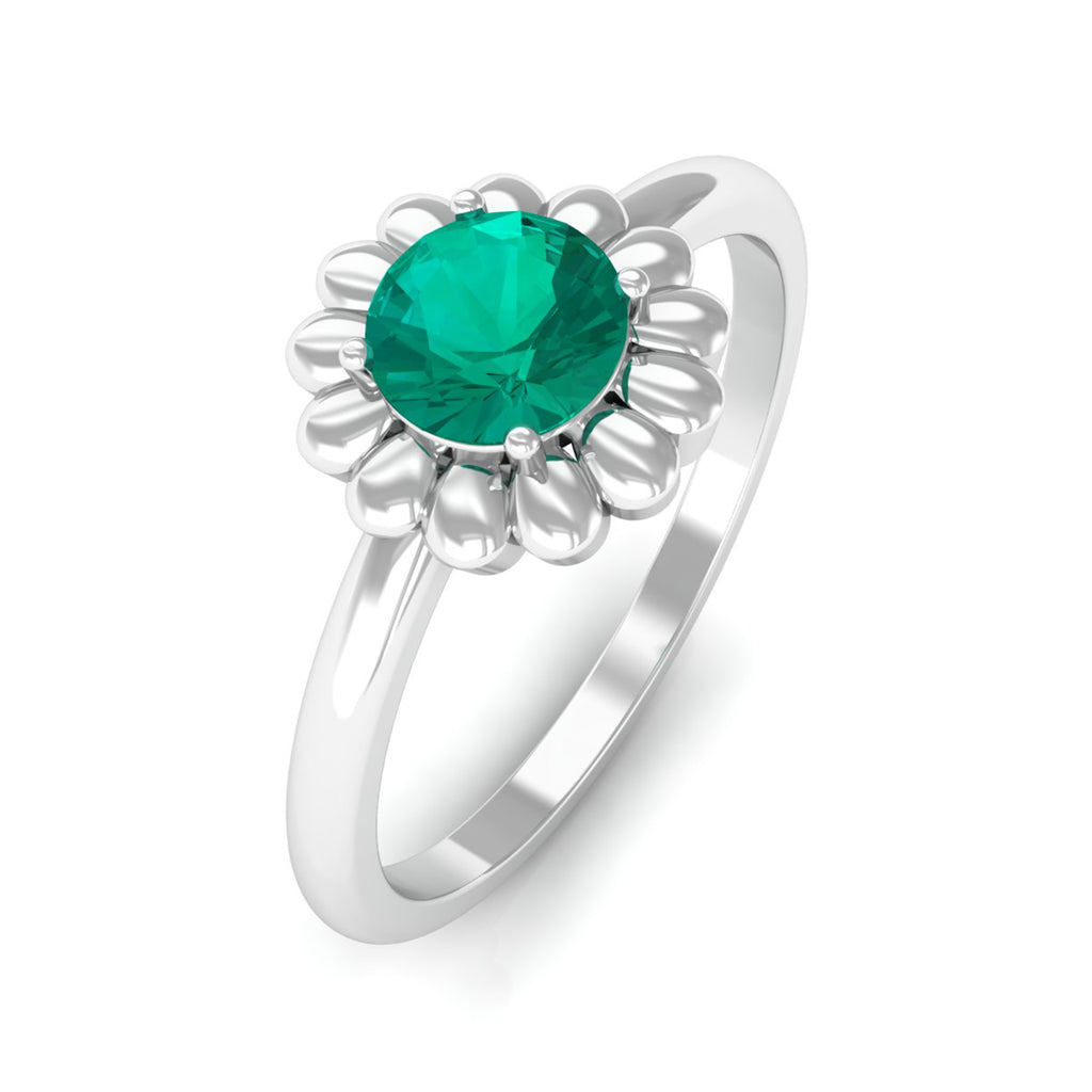 1/2 CT Round Cut Solitaire Emerald Gold Flower Ring Emerald - ( AAA ) - Quality - Rosec Jewels